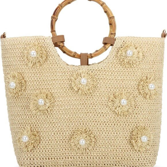 Straw Tote Bag Women Summer Beach Handbag with Pearls and Adjustable Strap - Picture 1 of 7